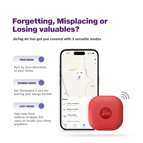 JioTag Air | Works with Apple Find My & JioThings | Lost & Found Tracker | Find, Remind, Lost Modes | Global Tracking | Loud 120 dB Sound | BT 5.3 | 12 Month Battery Life | Extra Battery & Lanyard