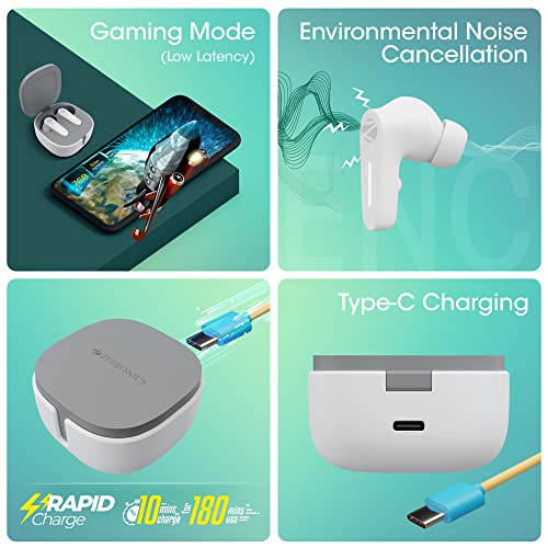 Zebronics Sound Bomb 7 Bluetooth TWS in Ear Earbuds with 40H Playtime, ENC Mic, Rapid Charge, Upto 50ms Gaming Mode, Flash Connect, Voice assistant, Smooth Touch Control, BT v5.2, Type C (White)