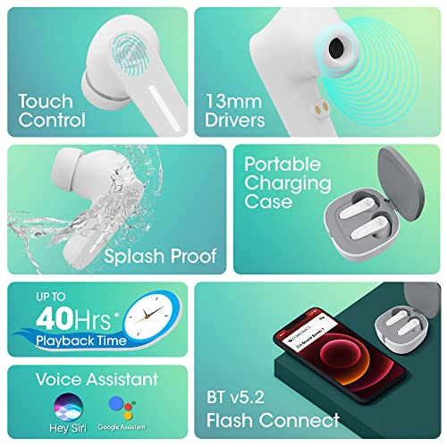 Zebronics Sound Bomb 7 Bluetooth TWS in Ear Earbuds with 40H Playtime, ENC Mic, Rapid Charge, Upto 50ms Gaming Mode, Flash Connect, Voice assistant, Smooth Touch Control, BT v5.2, Type C (White)