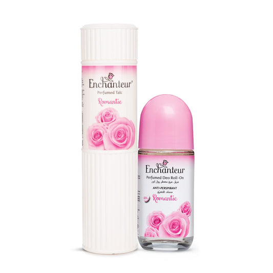 Enchanteur Romantic Perfumed Talc for Women, 250g & Enchanteur Romantic Roll-On Deodorant for Women, 50ml with Roses & Jasmine Extracts