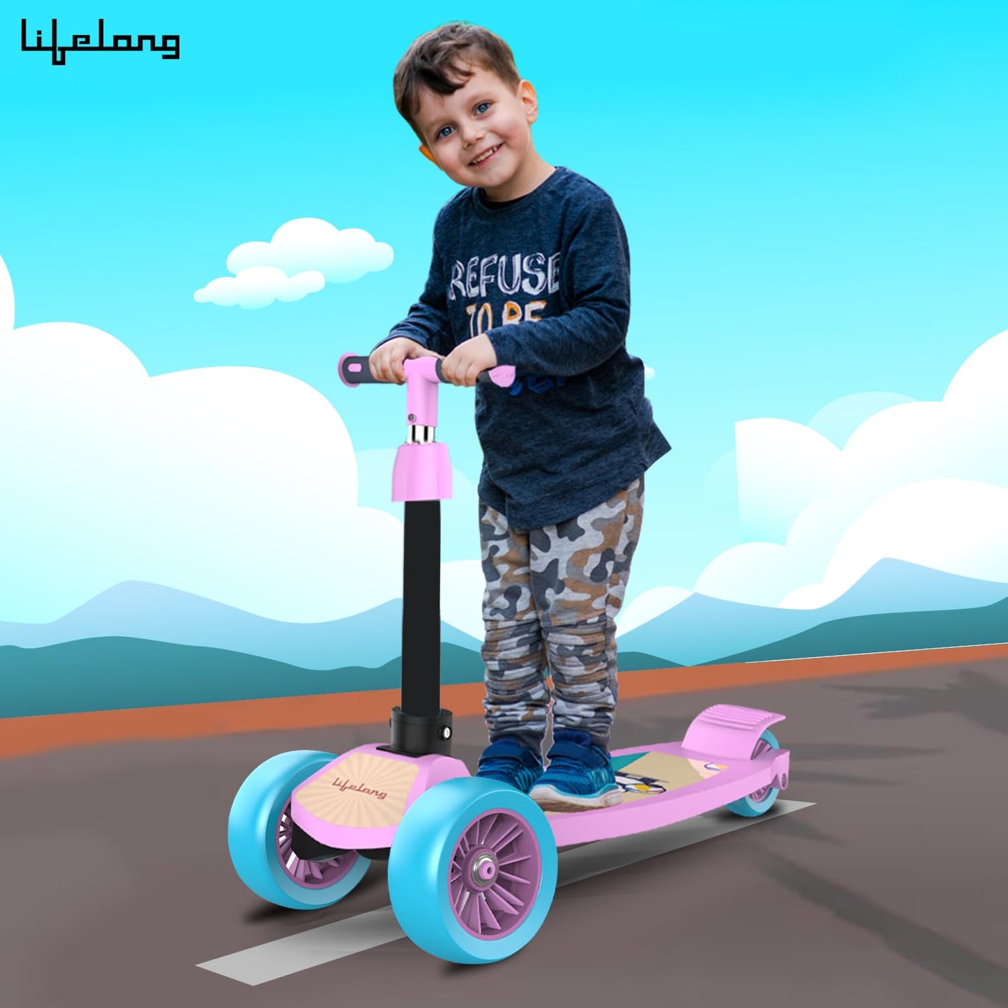 Lifelong Kick Scooter with Adjustable Height | Foldable Scooter | Skate Scooter for Kids with PVC Wheel | Max User Weight - 50 kg, Pink & Blue, 6 Months Manufacturer's Warranty, LLKS03