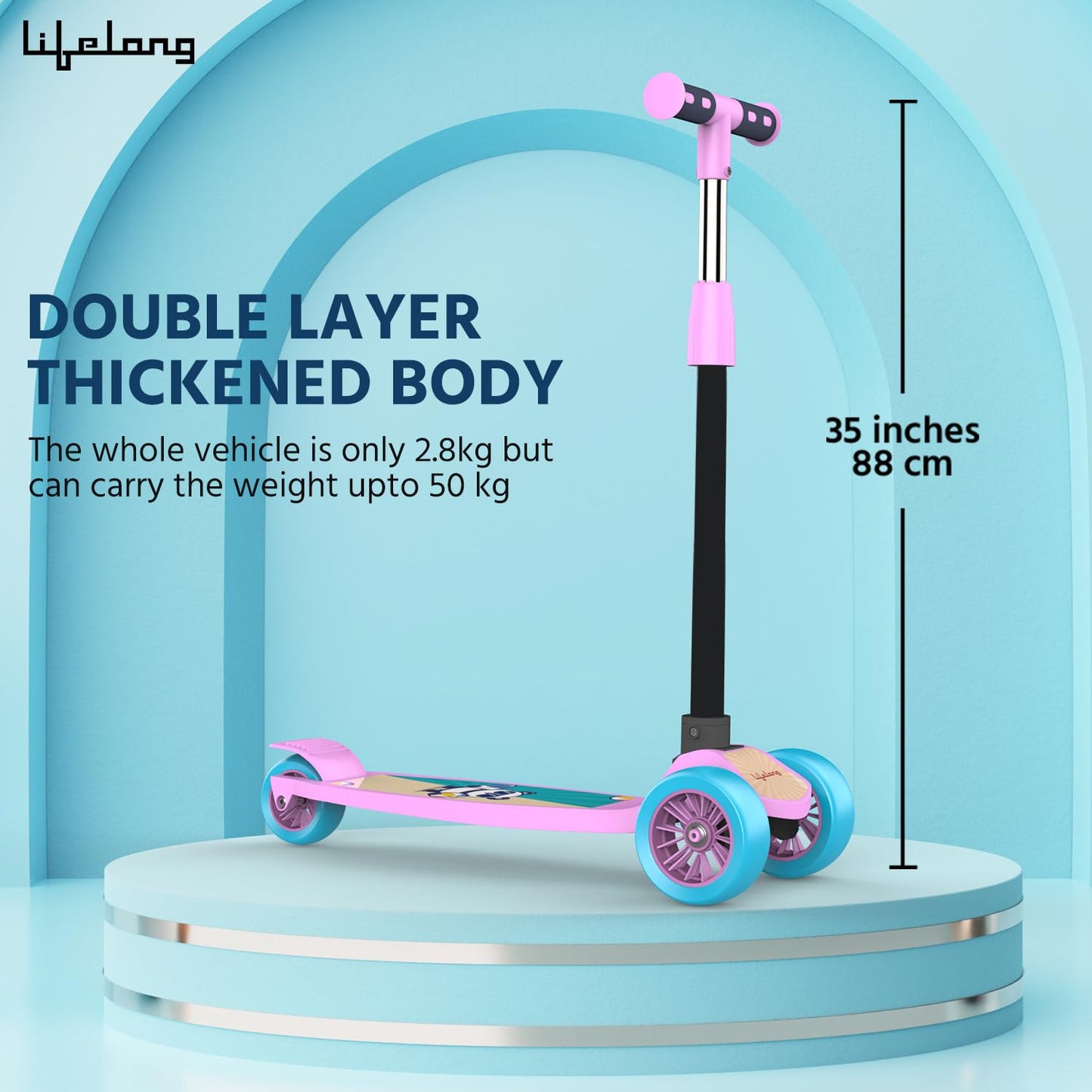 Lifelong Kick Scooter with Adjustable Height | Foldable Scooter | Skate Scooter for Kids with PVC Wheel | Max User Weight - 50 kg, Pink & Blue, 6 Months Manufacturer's Warranty, LLKS03