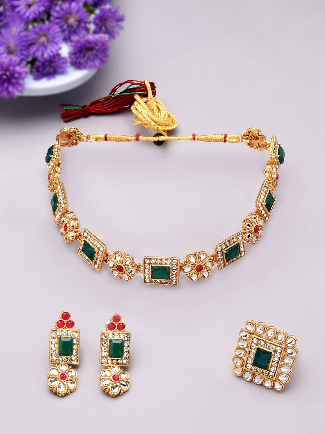 ZAVERI PEARLS Green & Pink Stones Ethnic Collar Bone Necklace Earring & Ring Set For Women-ZPFK11665