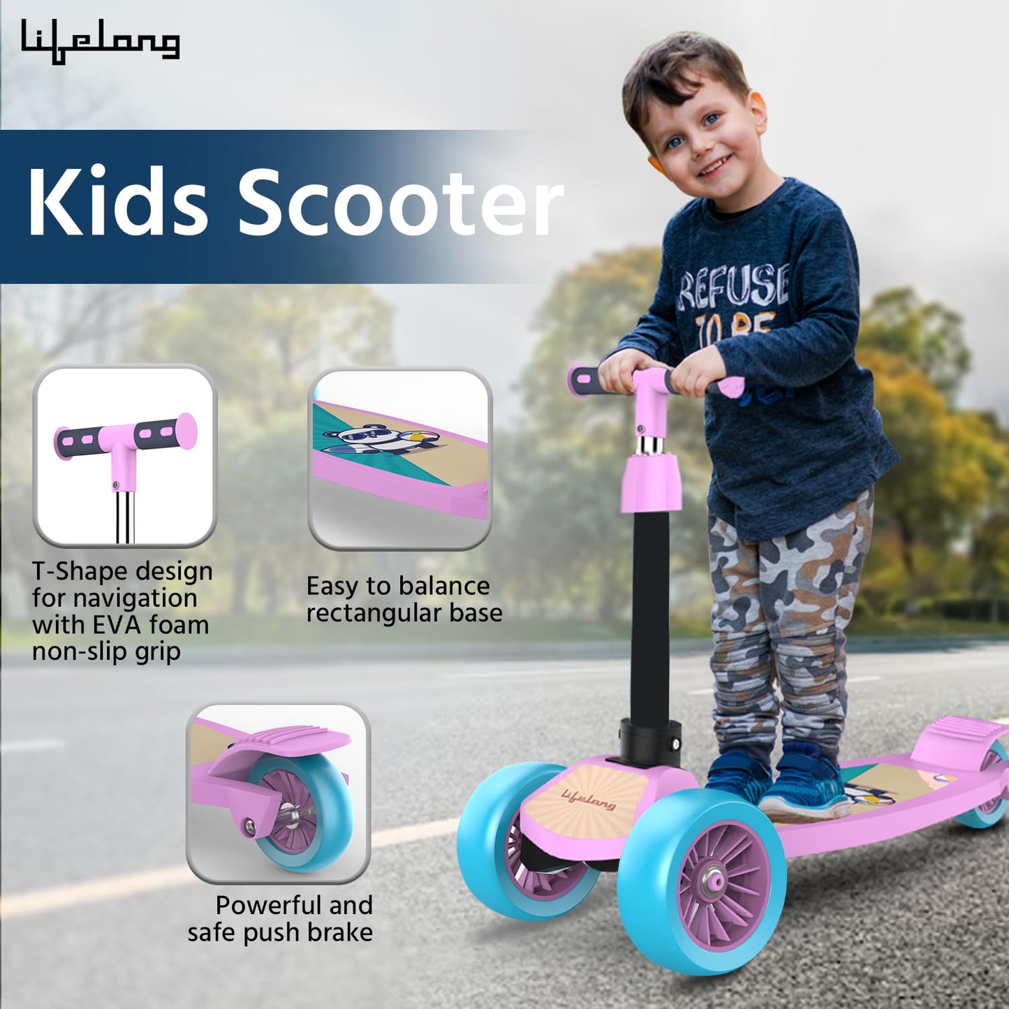 Lifelong Kick Scooter with Adjustable Height | Foldable Scooter | Skate Scooter for Kids with PVC Wheel | Max User Weight - 50 kg, Pink & Blue, 6 Months Manufacturer's Warranty, LLKS03