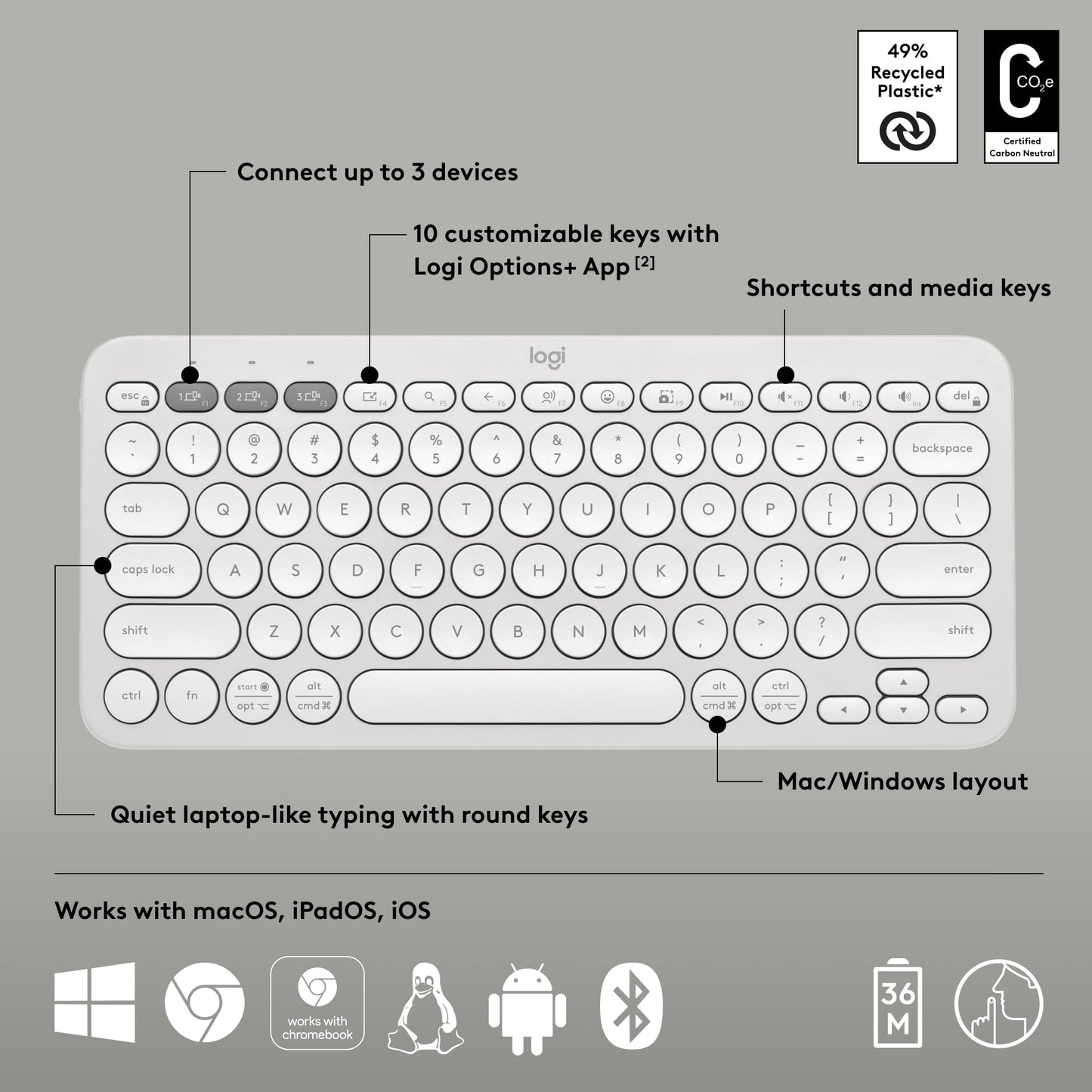 Logitech Pebble Keys 2 K380s, Multi-Device Bluetooth Wireless Keyboard with Customisable Shortcuts, Slim and Portable, Easy-Switch for Windows, macOS, iPadOS, Android, Chrome OS - Tonal Graphite