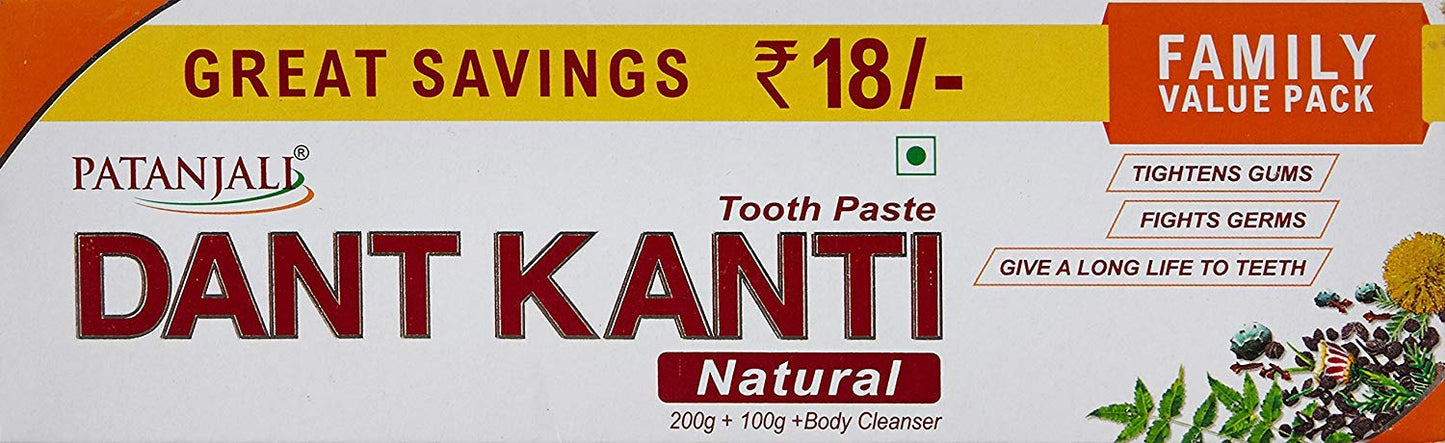 Patanjali Dant Kanti Natural Toothpaste 800G (200G X 4), Super Saver Value Pack, Makes Teeth Strong, Tightens Gums, Gives Cavity Free Smile