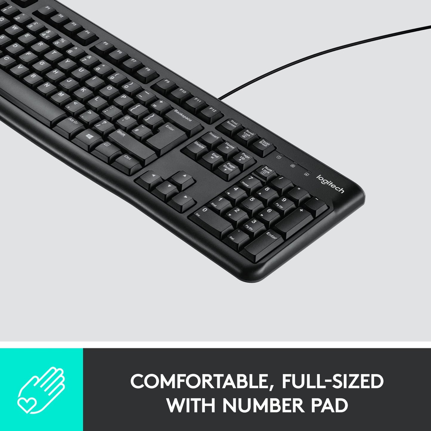 Logitech K120 Wired Keyboard for Windows, USB Plug-and-Play, Full-Size, Spill-Resistant, Curved Space Bar, Compatible with PC, Laptop