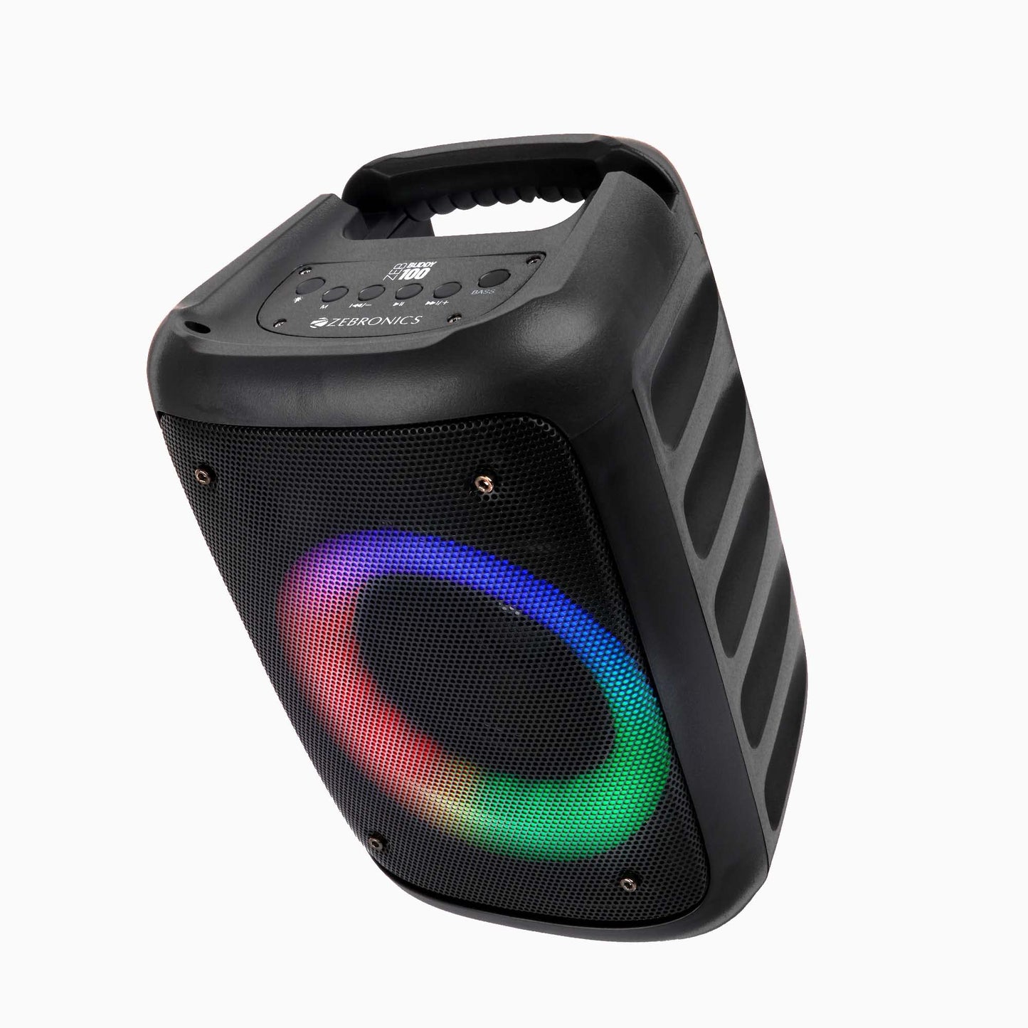 ZEBRONICS Zeb-Buddy 100 Portable BT v5.0 Speaker with TWS, 15W RMS, Wired mic Karaoke, 5H Backup, RGB LED, FM Radio, AUX, USB, Micro SD, Built in Rechargeable Battery and Mobile Holder, Black