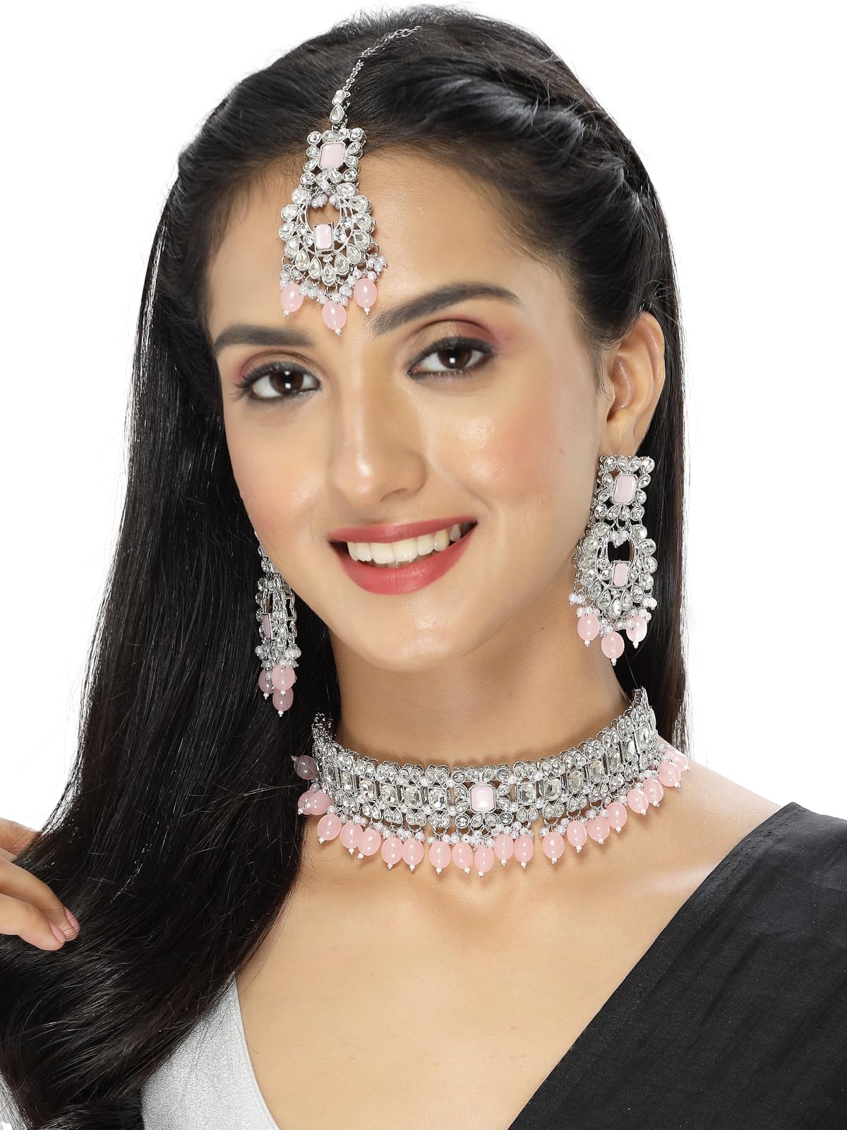 Sukkhi Amazing Gold Plated Pink Color AD Stone & Beads Choker Necklace Set With Earring And Maangtika | Jewellery Set For Women (NS105530)