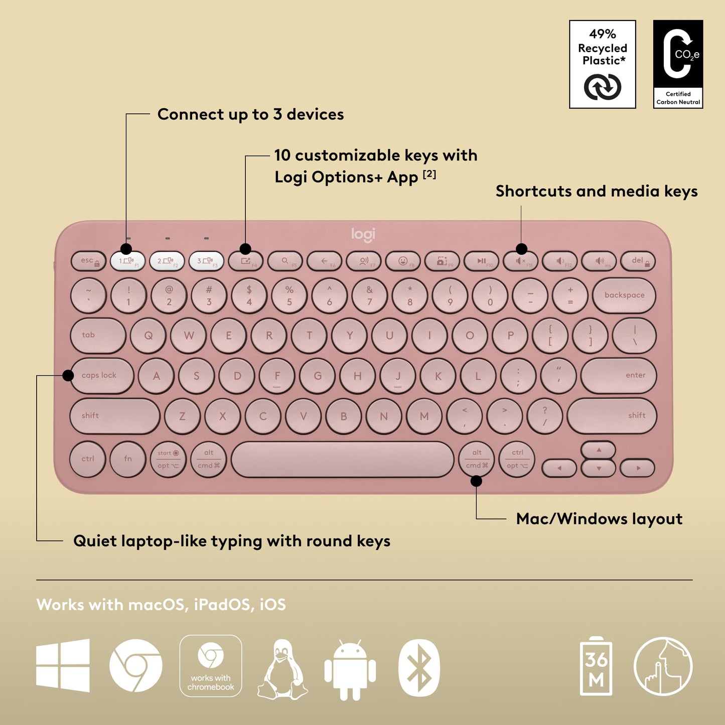 Logitech Pebble Keys 2 K380s, Multi-Device Bluetooth Wireless Keyboard with Customisable Shortcuts, Slim and Portable, Easy-Switch for Windows, macOS, iPadOS, Android, Chrome OS - Tonal Graphite