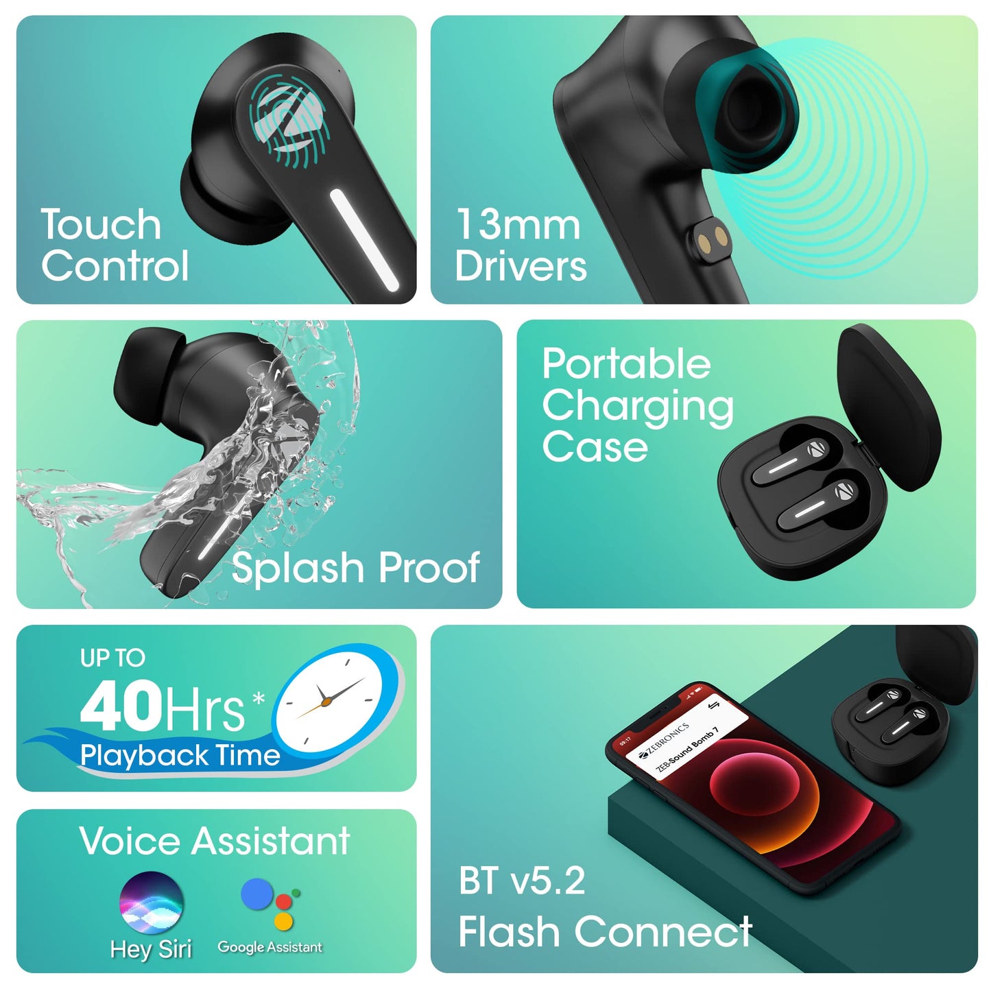 Zebronics Sound Bomb 7 Bluetooth TWS in Ear Earbuds with 40H Playtime, ENC Mic, Rapid Charge, Upto 50ms Gaming Mode, Flash Connect, Voice assistant, Smooth Touch Control, BT v5.2, Type C (White)