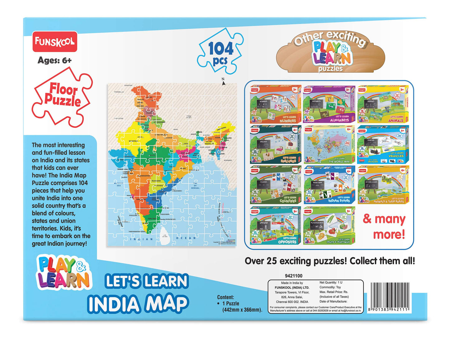 Funskool Play, Read & Learn India Toy Map, Educational, 104 Pieces, Puzzle, For 6 year Old Kids And Above, Multi Color